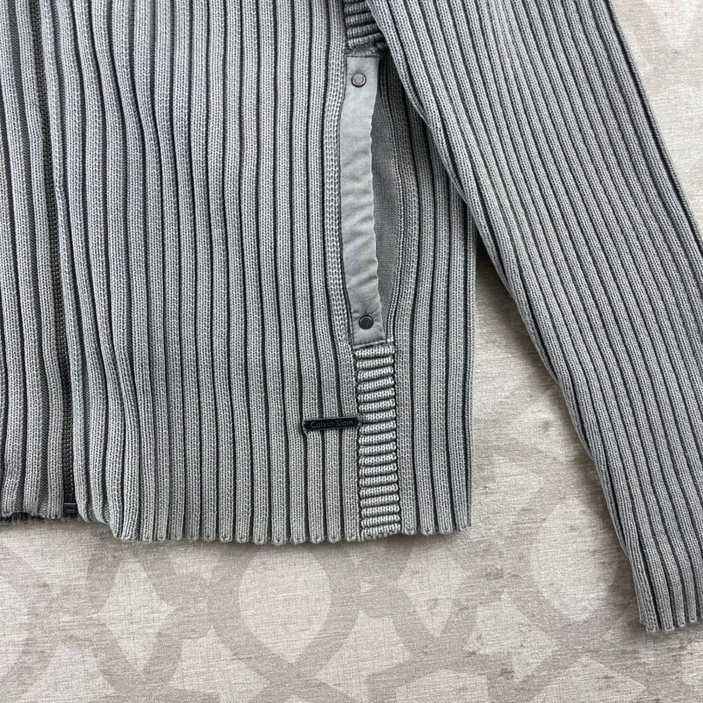 Calvin Klein Full Zip Cardigan Mens Large Grey Ribbed Knit Pocket Sweater - Picture 7 of 9